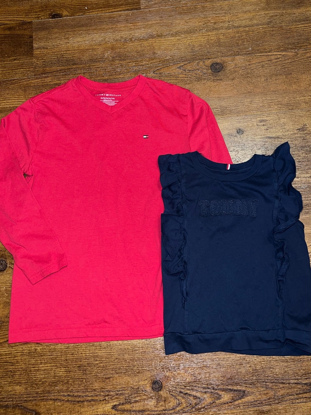 Tommy Hilfiger Red Long Sleeve Tee & Navy Ruffle Sleeve Top Bundle Kids Size M - Picture 1 of 7